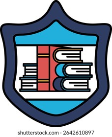 A shield with books on it. The shield is blue and white. The books are stacked on top of each other
