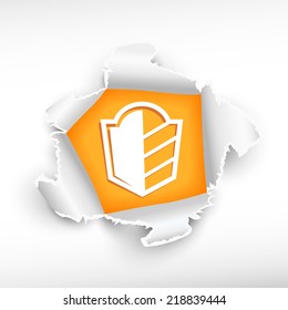 Shield and breakthrough paper hole with ragged edges with a space for your message.