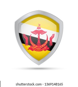Shield with Brunei flag on white background. Vector illustration.