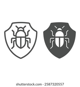Shield with bug line and solid icon, malware protection concept. Vector graphics. Safety emblem with insect sign on white background, outline style icon for mobile or web design