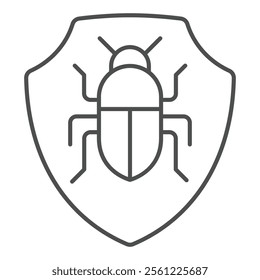 Shield with bug thin line icon, malware protection concept. Vector graphics. Safety emblem with insect sign on white background, outline style icon for mobile or web design