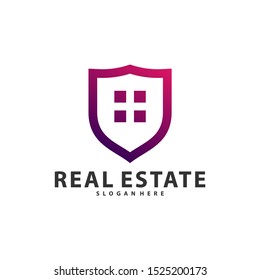 Shield with Building Idea logo template, Modern City with Shield logo designs concept, Real Estate logo Vector Illustration