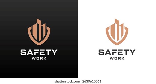 Shield and building logos. Safety worker icon for construction services.