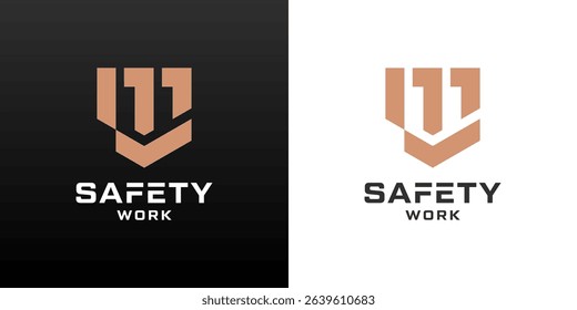 Shield and building logos. Safety worker icon for construction services.