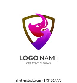 Shield Bull Head Logo Design, Long Horn Animal Mascot Logo Vector