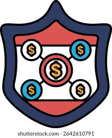 A shield with a bunch of dollar signs on it. The shield is blue and red. The dollar signs are in different sizes and are scattered around the shield
