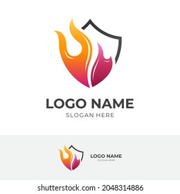 shield burn logo design, shield and fire, combination logo with flat red and yellow color style