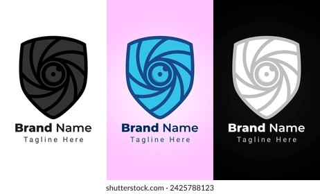 Schild-Kamera-Logo, Kombination aus Schild und Kamera-Logo. Kann für die Markenidentität des Fotografiegeschäfts verwendet werden
