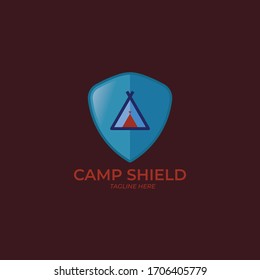 Shield Camping logo template, outdoor adventure, Mountain tourism, hiking.