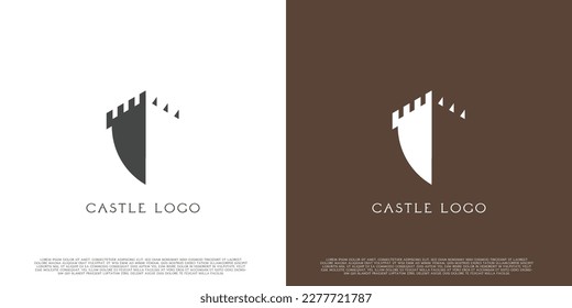 Shield castle logo design illustration. Silhouette castle shield tower brick guild kingdom kingdom. Simple medieval building vintage icon template. Perfect for web or app icons. svg