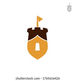 Shield castle logo design template with simple flat emblem concept