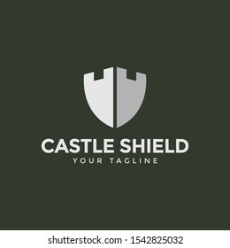 Shield and Castle Tower, Fortress Building Logo Design Template