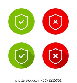 Comprobación de escudo e icono de cruz con sombra larga. Símbolo de Aprobación y negación de seguridad