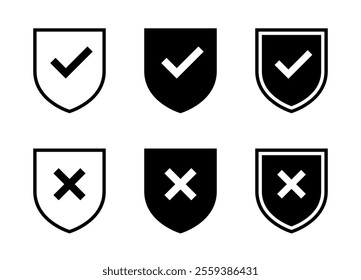 Shield check cross mark icon set. Safe and unsafe, defense sign symbol