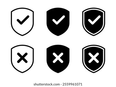 Shield check cross mark icon set collection. Safe and unsafe defense sign symbol