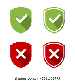 Shield check cross mark icon set in flat design. Defense, protection sign symbol