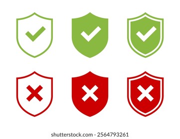 Shield with check and cross mark icon set in flat design. Security defense sign symbol