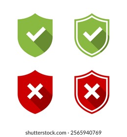 Shield check and cross mark icon with long shadow. Defense, protection with checkmark and x sign symbol