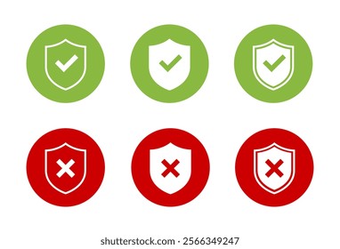 Shield check and cross mark icon on circle background. Security defense sign symbol