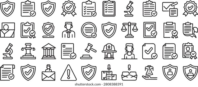 Shield Check and Document Approval Icons Set with Badges, Forms, Certificates, and Verification Symbols in Vector Style