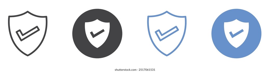 Shield check icon flat line symbol set.