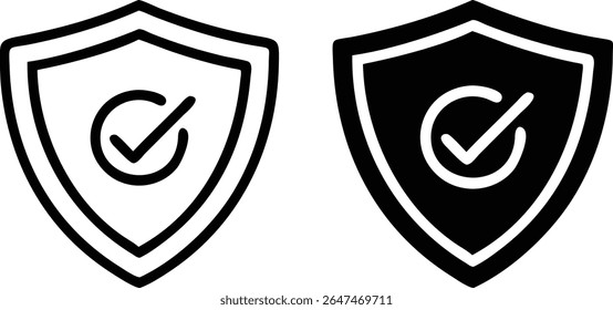 Conjunto de iconos de verificación de escudo: Ilustración vectorial de símbolos de protección de seguridad en blanco y negro
