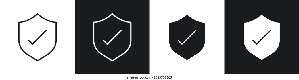 Shield check icons collection in black and white filled and line versions