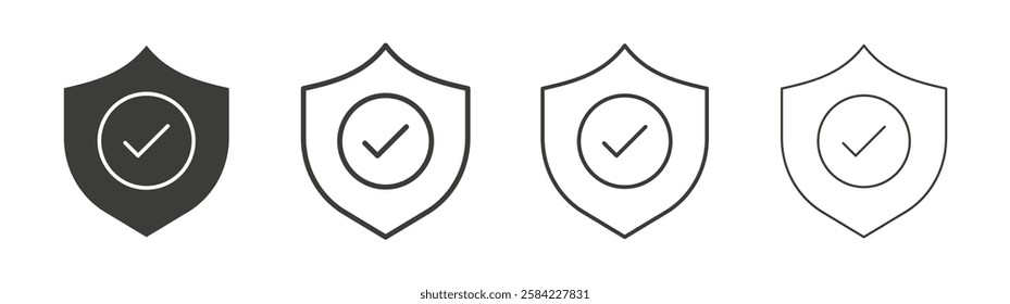 Shield check icons set. Liner outlined and flat black color
