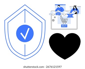 Escudo con marca de verificación, corazón negro y escenas de compras en línea con reembolso y descuento. Ideal para comercio electrónico, ciberseguridad, pago en línea, App de compras, ofertas promocionales, recompensas de Clientes