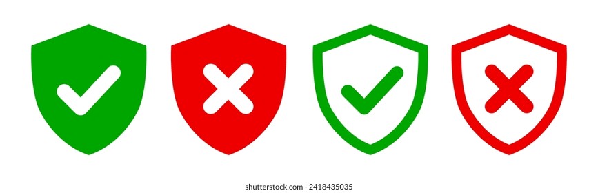 Shield with check mark and cross mark icon, security approval check icon, digital protection and security data sign – vector