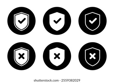 Shield check mark and cross icon on black circle. Safe and unsafe defense concept