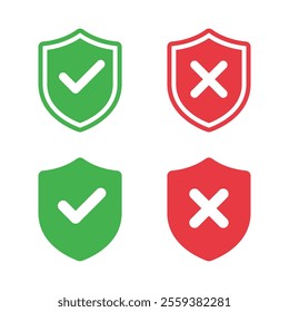 Shield with check mark and cross icon in flat style. Safe and unsafe sign symbol