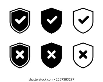 Shield with check mark and cross icon set. Safe and unsafe defense concept