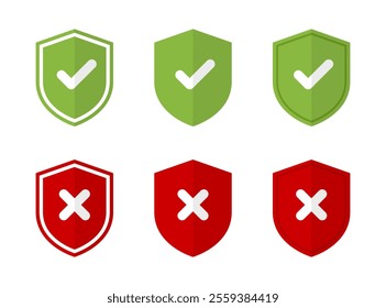 Shield with check mark and cross icon set with shadow. Safe and unsafe sign symbol