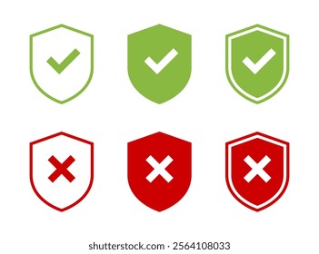 Shield with check mark and cross icon set in flat design. Defense, protection sign symbol