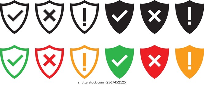 Shield check mark or cross mark icon set. Protect shield security symbol. Different style shields icons. Safety or protection sign