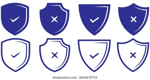 shield with check mark and shield with cross mark icons. Symbols on the rejection or confirmation of action. Shield with checkmark and x cross icon vector. Safety and danger illustration.