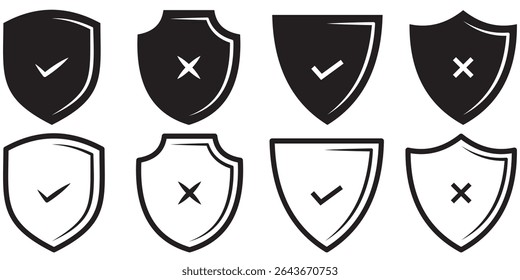 shield with check mark and shield with cross mark icons. Symbols on the rejection or confirmation of action. Shield with checkmark and x cross icon vector. Safety and danger illustration.