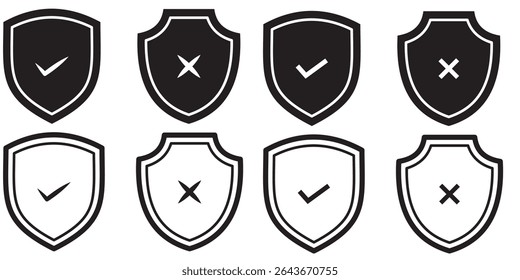shield with check mark and shield with cross mark icons. Symbols on the rejection or confirmation of action. Shield with checkmark and x cross icon vector. Safety and danger illustration.