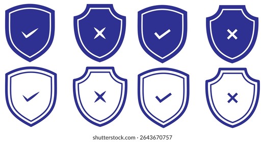 shield with check mark and shield with cross mark icons. Symbols on the rejection or confirmation of action. Shield with checkmark and x cross icon vector. Safety and danger illustration.