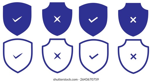 shield with check mark and shield with cross mark icons. Symbols on the rejection or confirmation of action. Shield with checkmark and x cross icon vector. Safety and danger illustration.