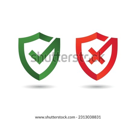 Shield check mark and cross mark icons set. Red cross and green check mark on the shield