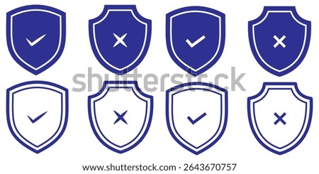 shield with check mark and shield with cross mark icons. Symbols on the rejection or confirmation of action. Shield with checkmark and x cross icon vector. Safety and danger illustration.