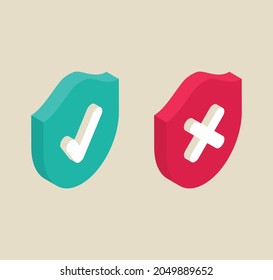 Shield check mark green and Security Shield danger red. Vector 3d isometric, color web icons set, new flat style. Creative illustration, idea for infographics.