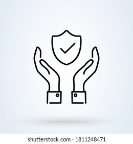 Shield Check Mark and Hand icon or logo line art style. Outline Safety system and protection with hands concept. Unique protect and defense vector illustration.