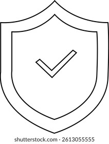 Shield with check mark icon in black silhouette style representing security, protection, verified status, or trusted system symbol, transparent background.