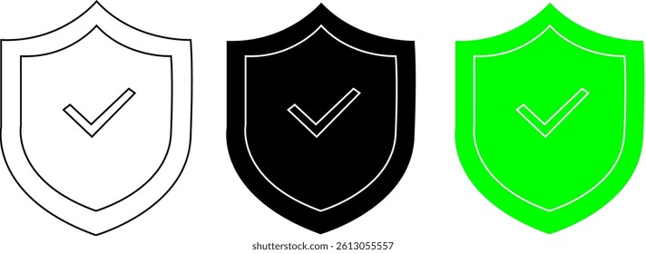 Shield with check mark icon in black silhouette style representing security, protection, verified status, or trusted system symbol, transparent background.