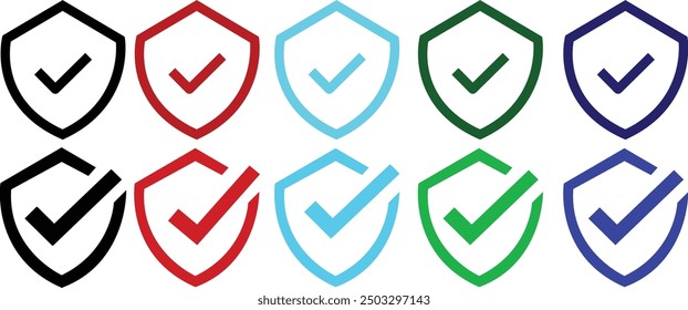 Icono de marca de verificación de escudo. Escudo con una marca de verificación en el icono de protección del medio. Icono protegido del escudo de seguridad. Ilustración vectorial. estilo de línea aislado en blanco con fondo transparente.