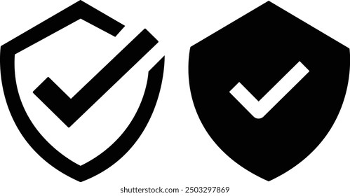 Icono de marca de verificación de escudo. Escudo con una marca de verificación en el icono de protección del medio. Icono protegido del escudo de seguridad. Ilustración vectorial. estilo de línea aislado en blanco con fondo transparente.