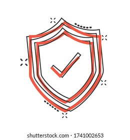 Shield with check mark icon in comic style. Protect cartoon vector illustration on white isolated background. Checkmark guard splash effect business concept.